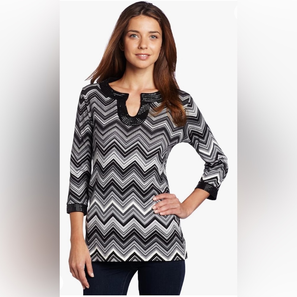 Rafaella Black, White & Gray 3/4 Sleeve VNeck Pullover Top, Sz 2X Bead Trim EUC
